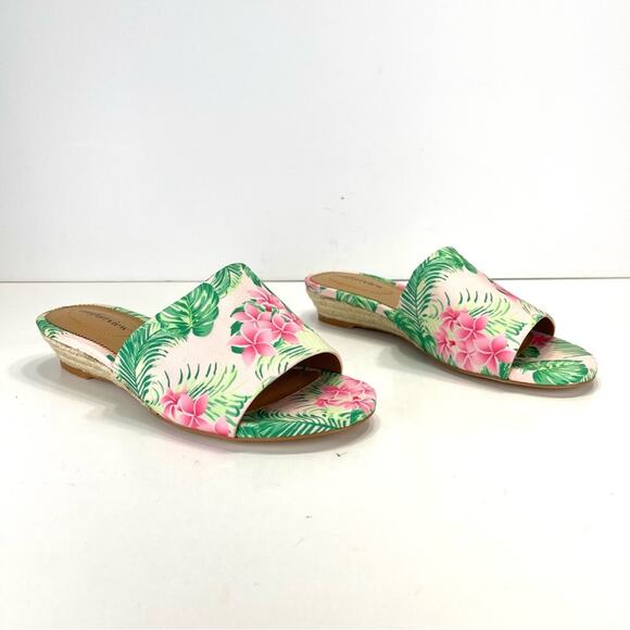 Comfortview Capri Wedge Slide Sandal Sz 8 WW Green & Pink Floral Espadrille New - Picture 1 of 16